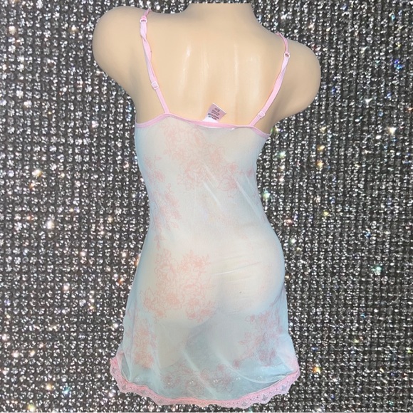 Nightgown dress mesh pink floral frilly lace bottom tie up milkmaid y2k 90s - Picture 2 of 5